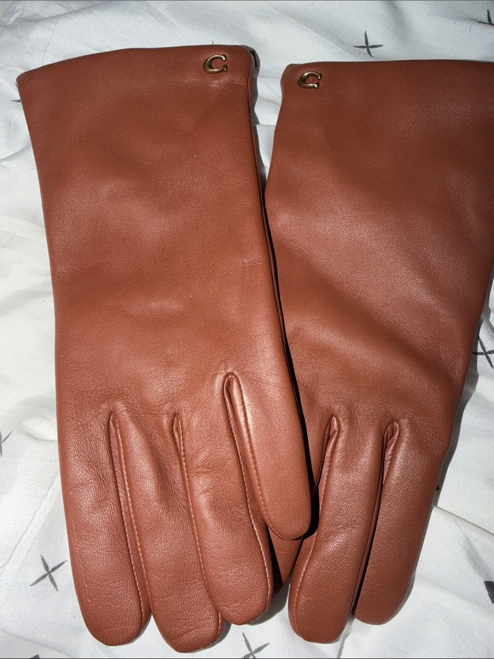 Coach Brown Leather Long Gloves with Gold 'C' Accent